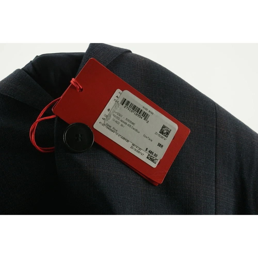 New $495 Hugo Boss Super Flex Transseasonal Mens 38R Dark Blue Plaid Suit Jacket